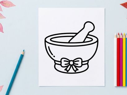 Mortar and pestle with decorative bow for herbal remedies. Classic apothecary tool for grinding spices, medicine, or natural ingredients.