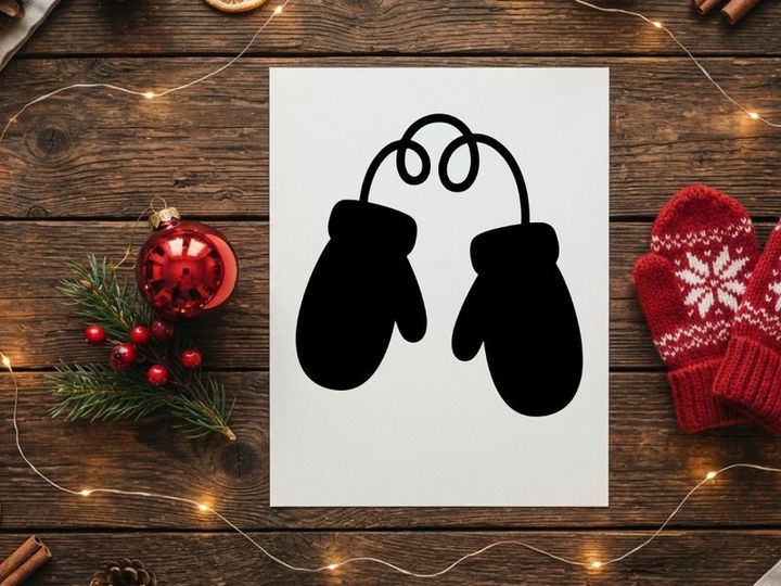 Black silhouette icon of winter mittens connected by a string on white background
