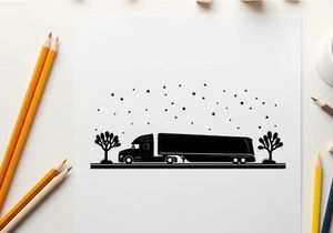 Truck silhouette driving on road with trees and falling snow