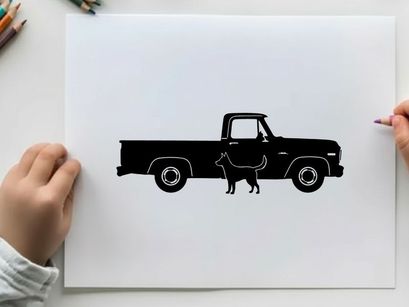 Silhouette of a dog standing beside a classic pickup truck