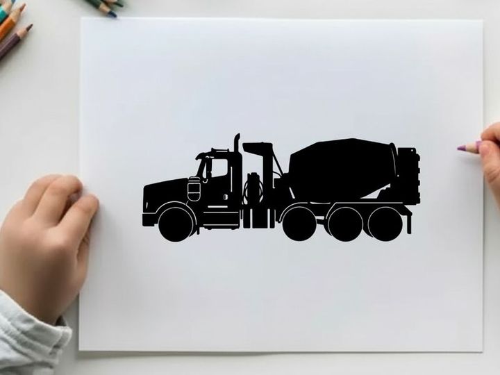 Silhouette of a large industrial cement mixer truck vehicle