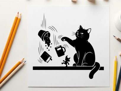 Mischievous silhouette cat causing chaos with spilled objects