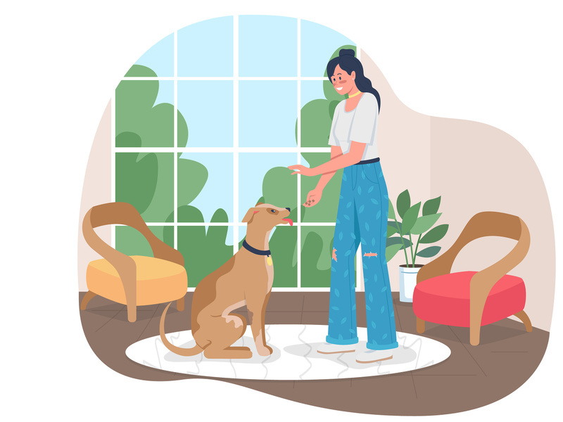 Woman training dog to sit 2D vector web banner, poster