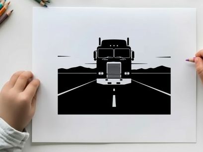 A silhouette of a semi truck driving down a deserted highway at sunset