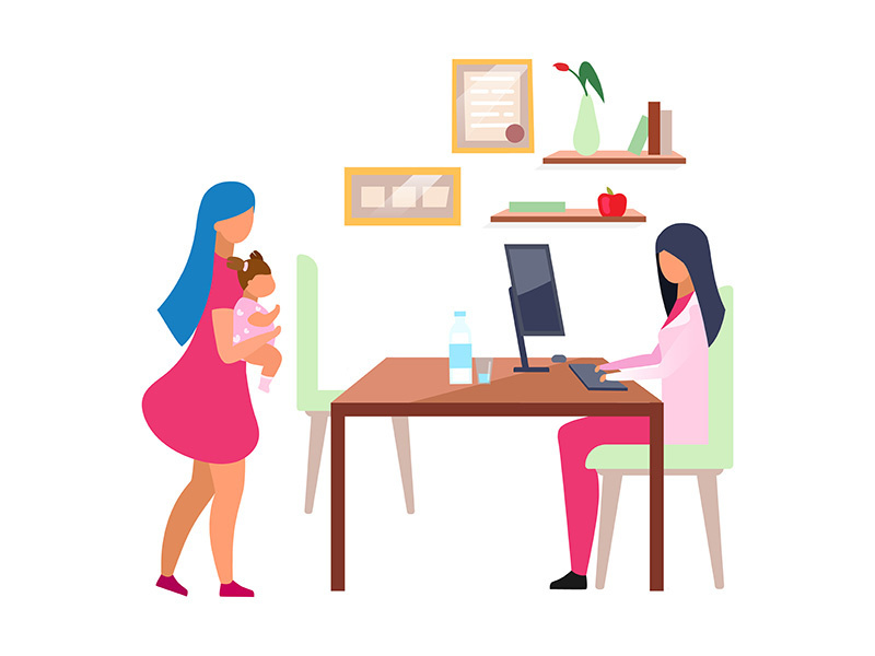 Woman visiting pediatrician flat vector illustration