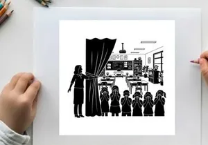 Silhouette of a teacher and children in a classroom with curtains