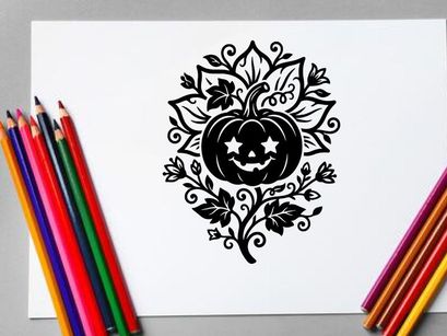 Halloween Pumpkin Jack-o'-Lantern with Spooky Face and Decorative Leaves