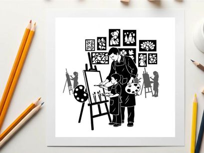 Silhouette of artist and child painting together in an art studio