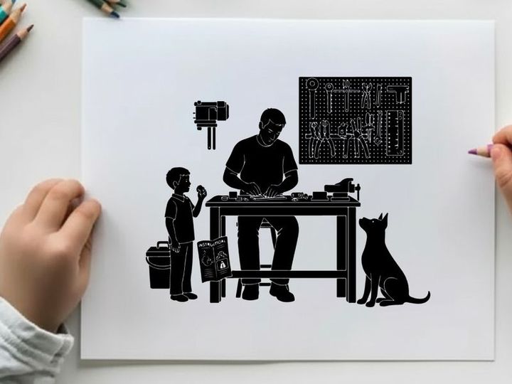 Silhouette of a man and child in a workshop with a cat silhouette