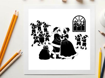 Christmas silhouette of santa and mrs claus with children playing outside window
