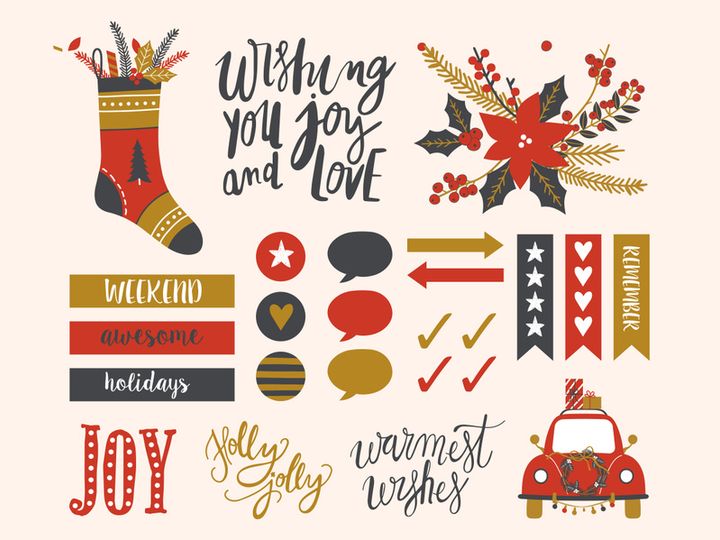 Christmas elements, happy new year, winter, ball tree snowman, santa and snowflake.