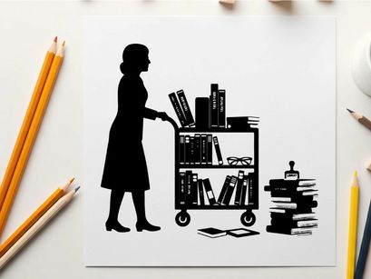 Silhouette of woman pushing book cart with many books