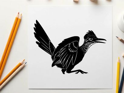 Silhouette of a roadrunner in mid stride with wings spread wide