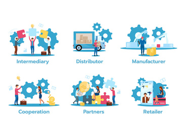 Business model flat vector illustrations set. Intermediary preview picture