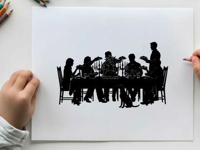 Silhouette of people gathered around a dinner table eating