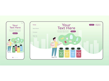 Trash sorting adaptive landing page flat color vector template preview picture