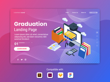 Graduation with computer and books - Landing Page Illustration Template preview picture