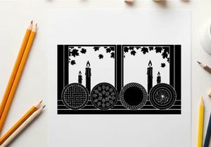 Silhouette of candles and decorative plates on a table