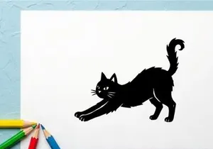 Black Cat Stretching Playfully on White Background