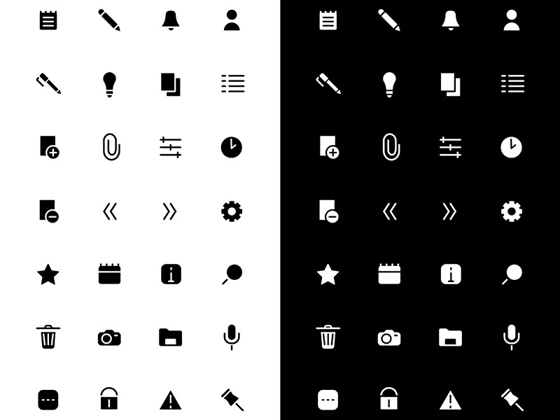 Notes glyph icons set for night and day mode