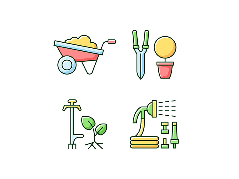 Garden accessories RGB color icons set