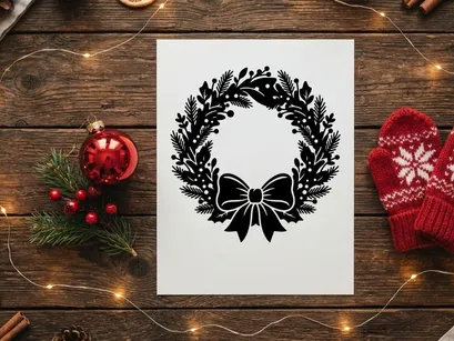 Black Christmas wreath silhouette with bow isolated on white background