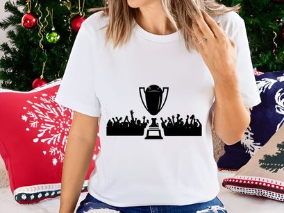 A large trophy cup with cheering crowd in the background silhouette