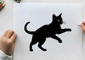 Black cat silhouette running to the right with eyes glowing