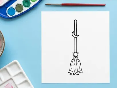 Ilustração de vassoura desenhada à mão para limpeza e tarefas domésticas. Vetor de arte vetorial simples de uma ferramenta clássica de varrer com cabo de madeira e cerdas.