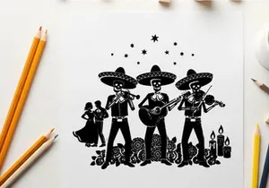 Day of the dead mariachi musicians silhouette with candles and stars
