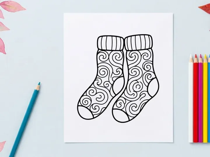 Hand-drawn festive Christmas socks with ornate snowflake and swirl patterns for holiday decor