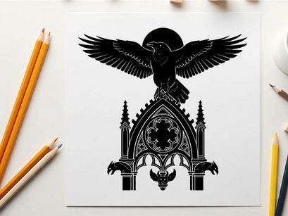Silhouette of an eagle atop a gothic church with a cross and moon