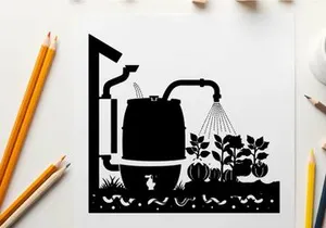 Silhouette of barrel watering system for gardening plants