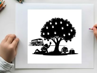 Silhouette of a person under a tree with lanterns and a bus