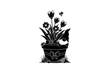 Silhouette of a dog peeking from behind flowers in a decorated pot