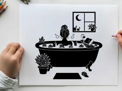 Silhouette of woman relaxing in a bubble bath at home