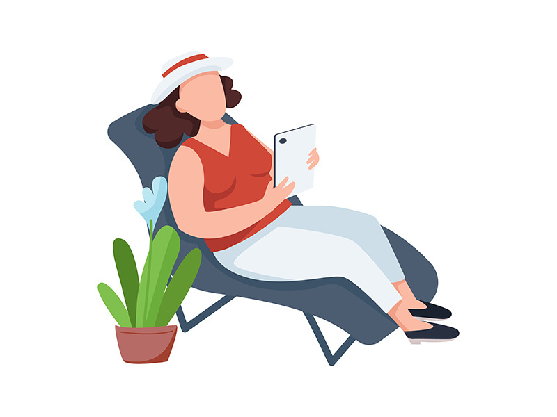 Woman with flowerpot, female on chaise-longue flat color vector faceless character