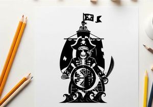 Pirate captain silhouette at the ship's helm with sword