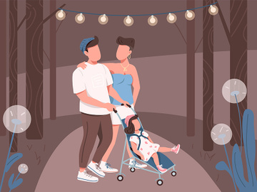 Young family walking in night park flat color vector illustration preview picture
