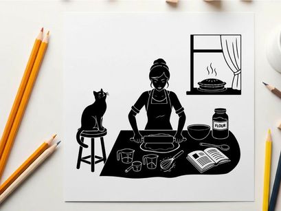 Woman baking with cat silhouette by her side at home