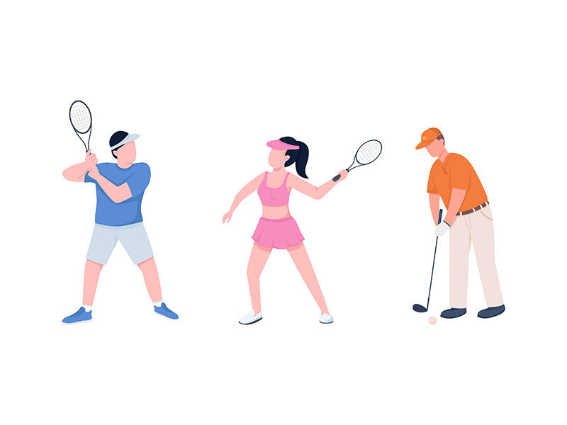 Tennis players couple flat color vector faceless character set