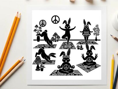 Peaceful silhouette of rabbits and humans in yoga poses with peace signs