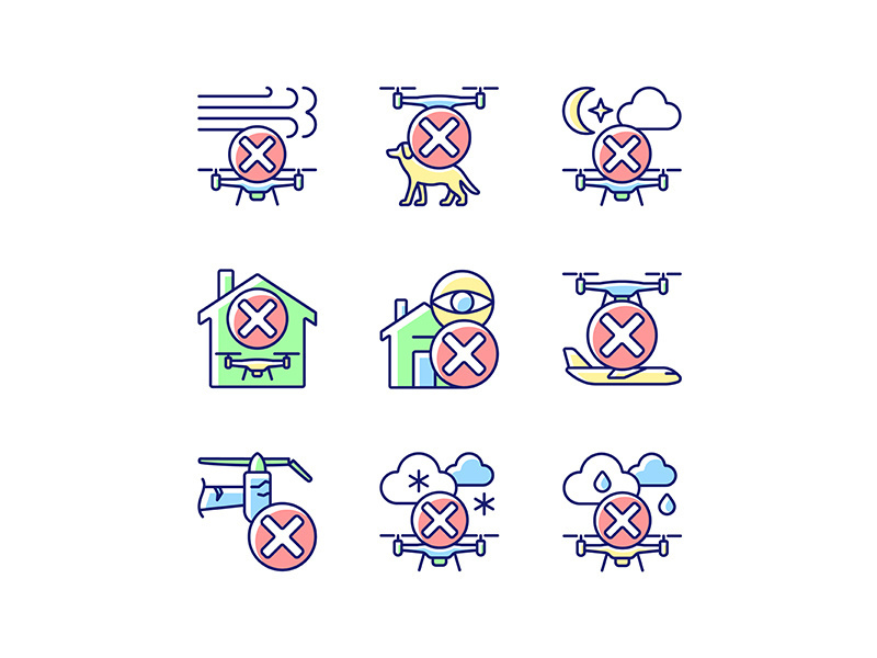Drone restrictions RGB color manual label icons set