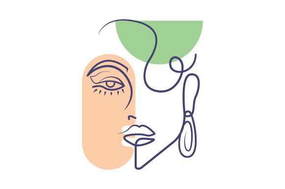 Line art women faces with flowers. Social media cover