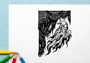 Schwarz-Weiße künstlerische Illustration einer geisterhaften Frau mit langen Haaren