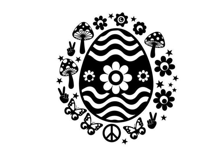 Black and white silhouette easter egg surrounded by flowers and symbols