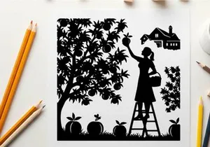 Silhouette of a woman picking apples from a tree in an orchard