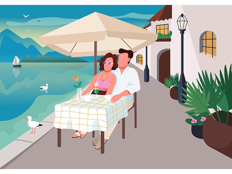 Couple having breakfast in seaside resort cafe flat color vector illustration