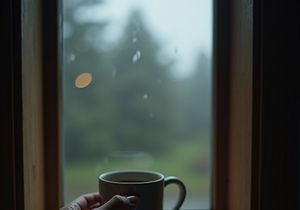 A hand holds a mug near a rain-streaked window, creating a cozy, contemplative moment.