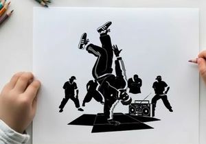 Breakdancing silhouette performance with boombox and crew